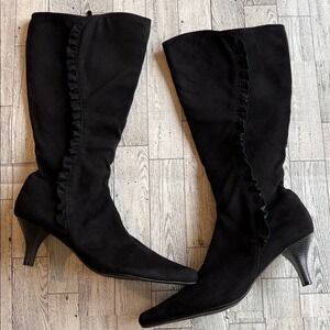 black boots kitten heels tall faux suede knee high ruffled women's 10 whimsigoth